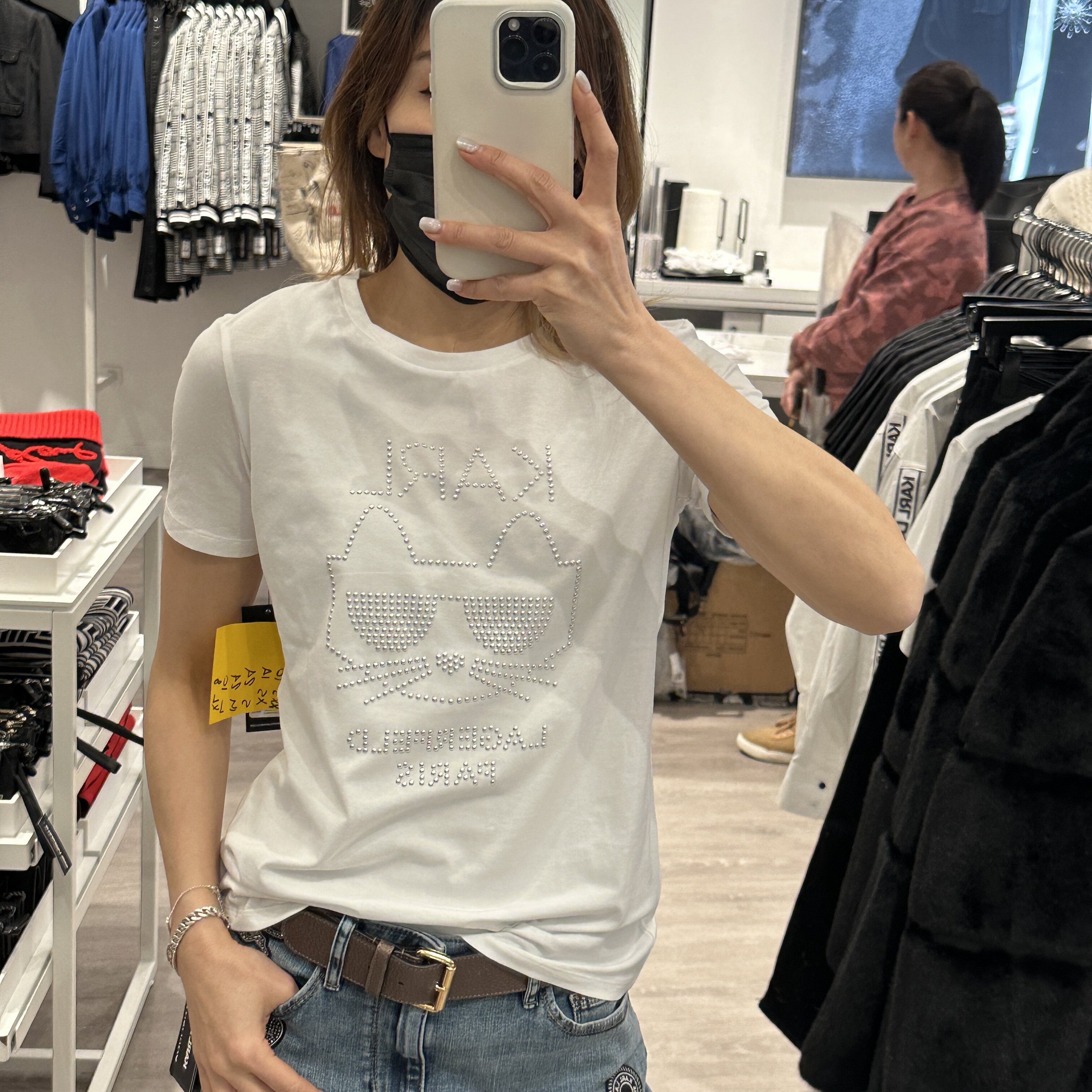 老佛爷KARL LAGERFELD夏季新款女士个性潮流铆钉猫圆领短袖T恤衫