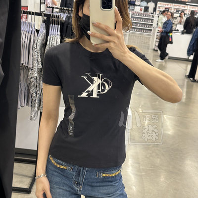 Calvin Klein CK女士休闲时尚修身显瘦双logo弹力圆领短袖T恤衫