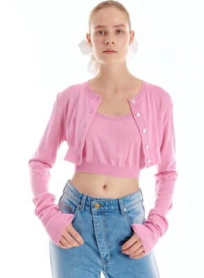 韩国代购eenk针织开衫露脐背心