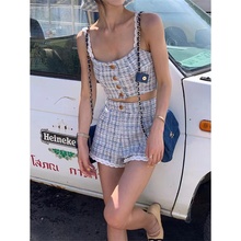 韩国代购seooocookie粗花呢吊带背心短裤甜美慵懒格纹小香风套装