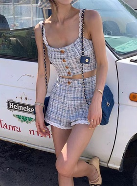 韩国代购seooocookie粗花呢吊带背心短裤甜美慵懒格纹小香风套装