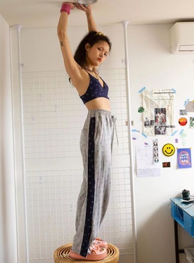 现货～韩国代购minjiena笑脸印花灰色阔腿裤高腰运动休闲直筒裤女