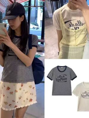 viaplain26夏季logo stripe条纹字母短袖T恤圆领修身撞色上衣女