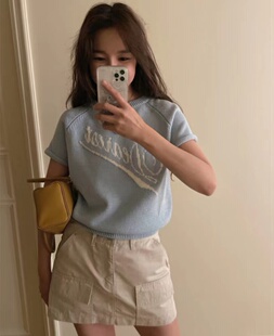 现货～韩国代购maybebaby字母提花短袖针织衫简约宽松圆领短上衣