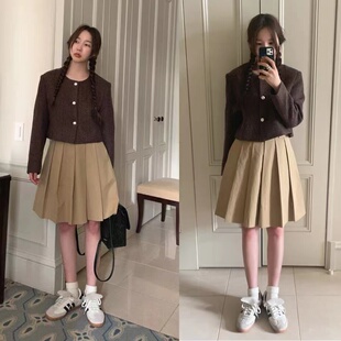 现货～韩国代购maybebaby纯色百褶裙学院风气质高腰压褶半裙伞裙