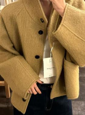 韩国代购ethos立领毛呢大衣简约气质宽松纯色单排扣短款羊毛外套