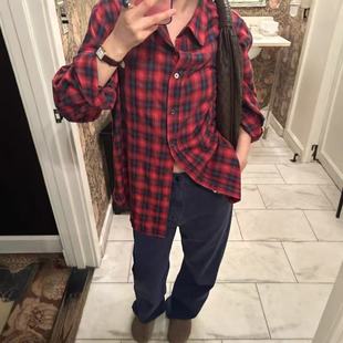 上衣女 街头bf风休闲宽松翻领长袖 韩国ribbnobit红黑格子衬衫 韩版