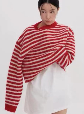 韩国代购moia红色条纹毛衣宽松慵懒风羊驼毛圆领套头针织上衣女