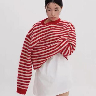 韩国代购moia红色条纹毛衣宽松慵懒风羊驼毛圆领套头针织上衣女