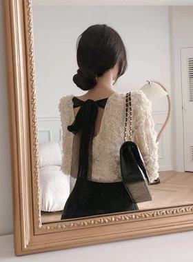 韩国代购fromdayone蕾丝花瓣衬衫气质超仙后背绑带长袖圆领衬衣女