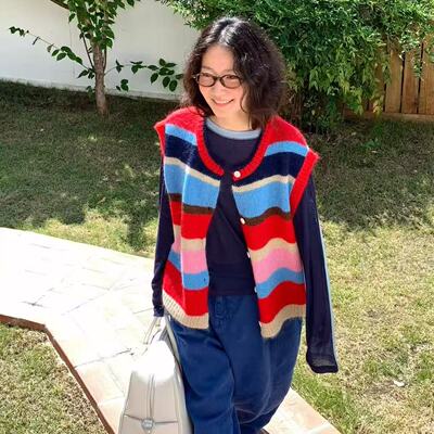 韩国venti条纹针织马甲2025年新款复古学院风撞色设计纽扣开衫女