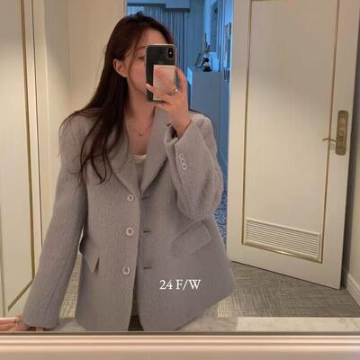 韩国pretty young thing毛昵西装外套气质温柔风宽松羊毛西服上衣