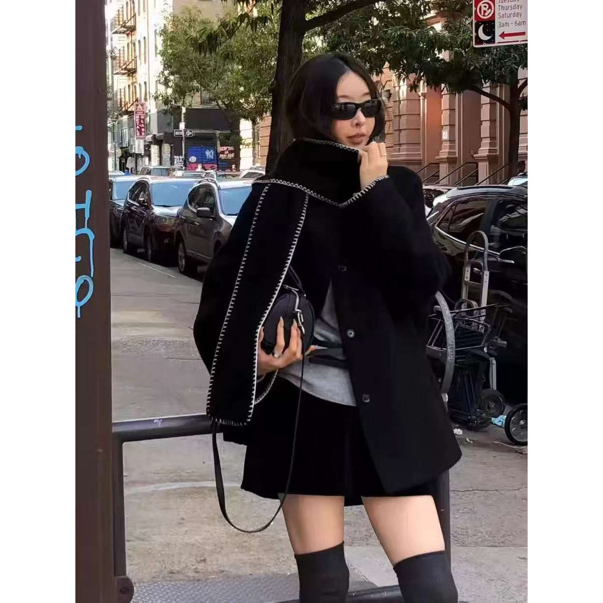 韩国atmosphere斗篷毛呢外套高级感气质简约时髦小众设计大衣女