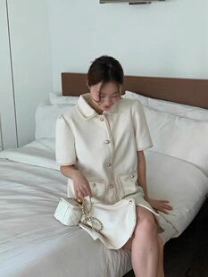 现货～韩国代购one more小香风直筒连衣裙法式温柔风翻领排扣短裙