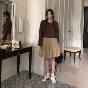 韩国代购maybebaby圆领小香风外套简约气质格纹系扣棕色西服上衣