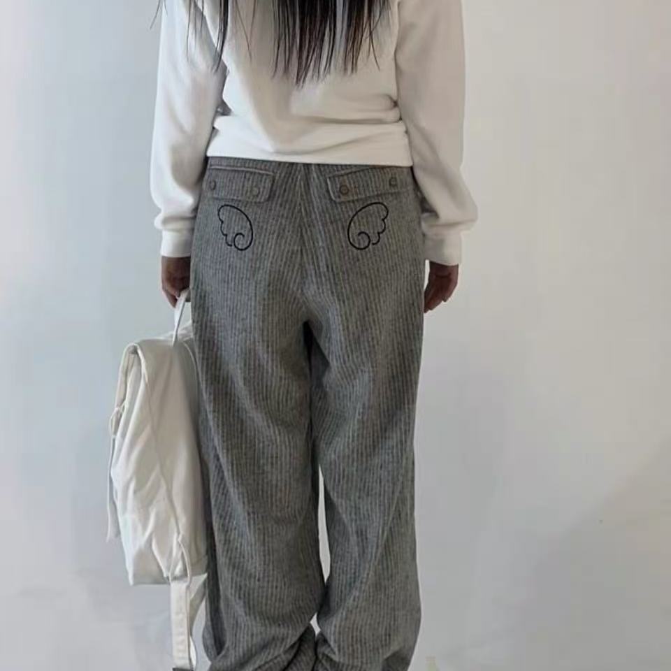 韩国aeae直筒休闲裤2025年新款ins风翅膀刺绣抽绳设计高腰阔腿裤