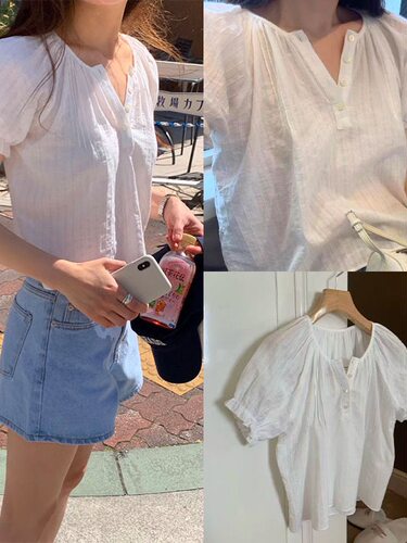 现货~ taffeta26夏季新款花边短袖竖纹半系扣木耳边泡泡袖白衬衫