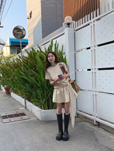 韩国代购maybebaby圆领短袖连衣裙简约休闲蝴蝶结绑带收腰短裙女