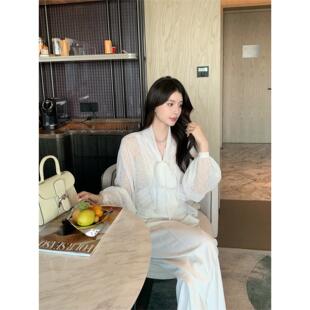 坤总KUN【智媛oni】白色蕾丝拼接雪纺衬衫女秋季覆古长袖上衣新款