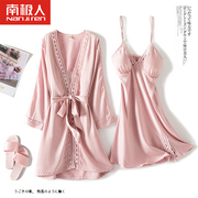 Antarctic pajamas women's summer thin ice silk sexy lace suspenders nightdress home service long nightgown two-piece set