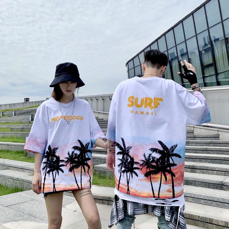 ins超火情侣装夏威夷渐变椰树印花圆领短袖男女潮流宽松国潮牌T恤在类目 男装, T恤中 - 来自Buy2taobao.com提供专业的淘宝代购服务