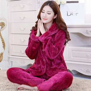 红豆官方冬季珊瑚绒睡衣女士加绒加厚法兰绒可外穿保暖家居服套装