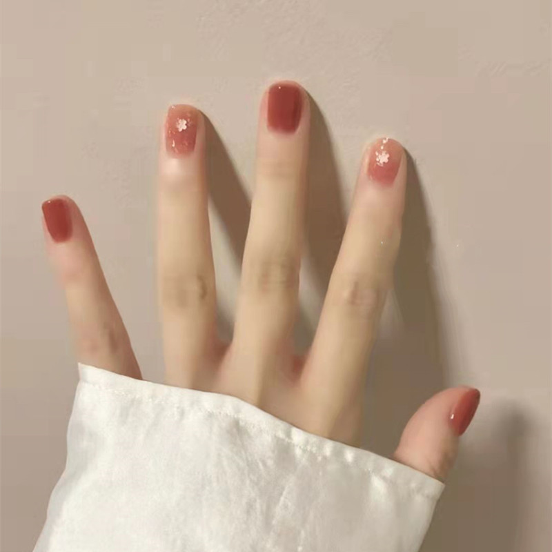 暖小男樱花果冻纯色美甲新款显白成品假指甲贴片新娘穿戴甲可拆卸