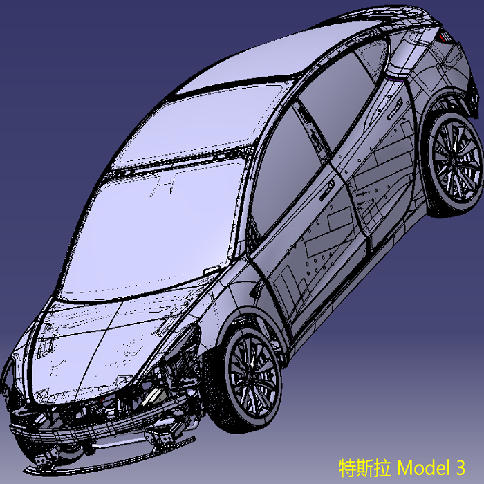 特斯拉Tesla新能源Model3电动汽车轿车整车3D三维几何数模型Catia