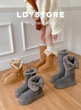 厚底雪地靴长筒2025新款冬季内中筒加绒保暖东北灰色高筒棉鞋