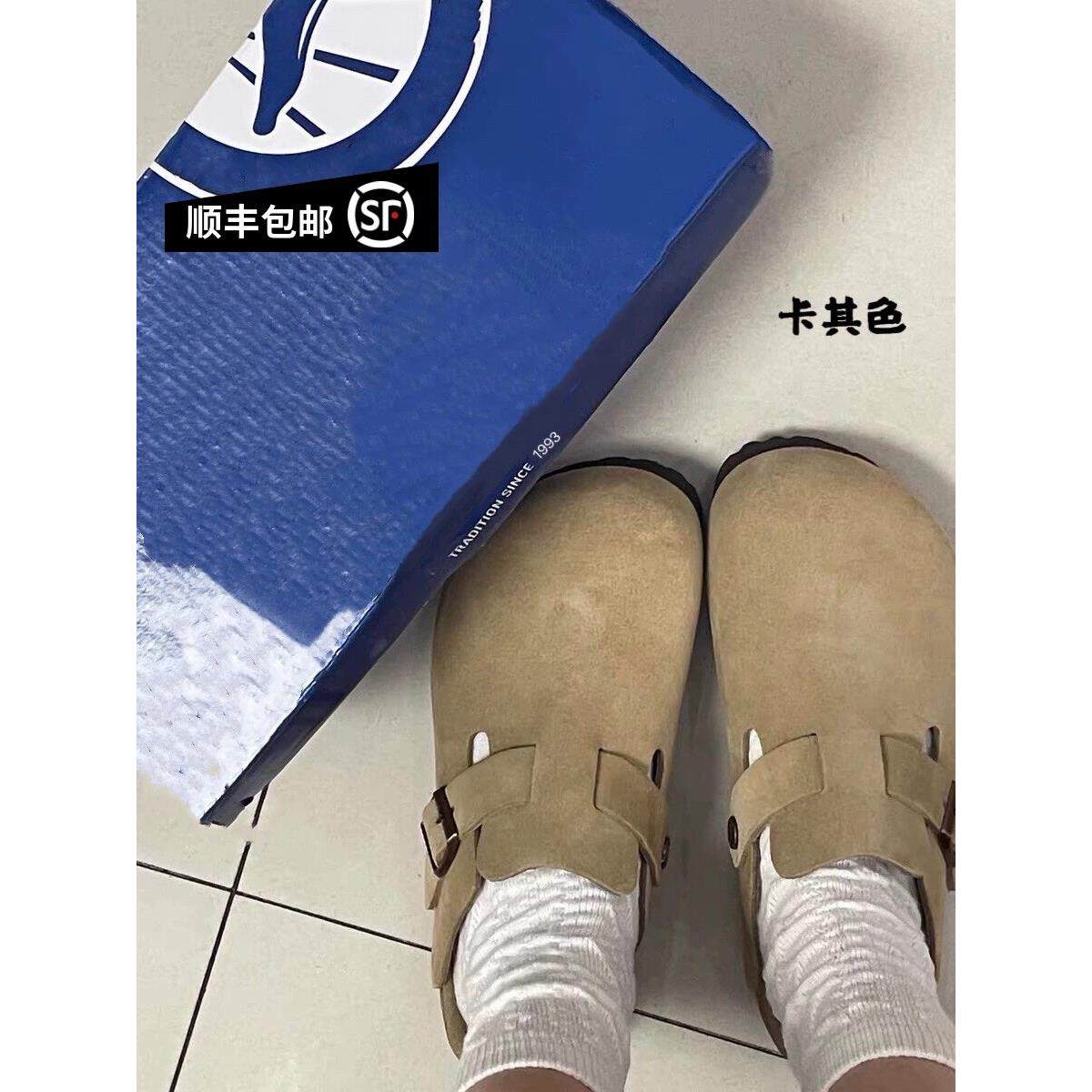 防水全牛皮男女百搭真皮半拖舒适软木勃肯鞋平底外穿休闲包头拖鞋