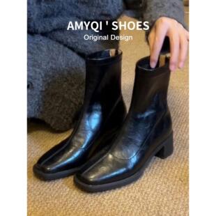 巨好看复古粗跟黑色弹力短靴女2025秋冬新款 加绒小个子高跟瘦瘦靴