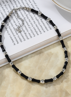 MONA同款黑色竹节项链女轻奢小众设计高级感黑曜石串珠颈链锁骨链