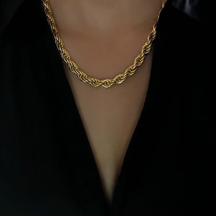 欧美编织夸张麻花链项链复古钛钢镀25K个性小众粗链条金色锁骨链