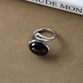 银色椭圆黑玛瑙戒指女欧美轻奢小众设计高级感复古冷淡风开口指环