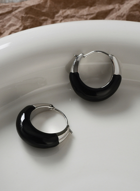 黑色珐琅拼色耳环女欧美轻奢小众设计高级感简约百搭耳钉耳饰耳圈