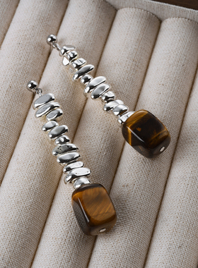 碎银长款虎眼石耳环女欧美轻奢小众设计高级感美拉德银针耳钉耳饰