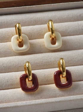 拼色珐琅滴釉环扣耳环女欧美轻奢小众设计高级感百搭方形耳坠耳饰