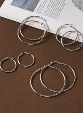 S925纯银极简圆圈耳环女轻奢小众高级感日常百搭素圈大小耳圈耳饰