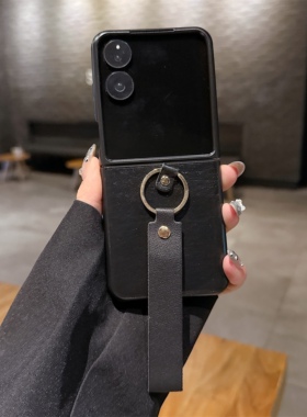 适用于小米MixFlip2黑色手机壳小米MixFlip手腕绳皮质vivoXFlip翻盖OPPOFindN3Flip手绳腕带N2Flip皮质折叠女
