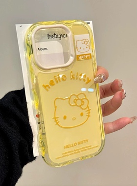 适用于苹果iPhone16Pro手机壳多巴胺撞色波纹黄色手机壳苹果14pluskitty猫15/14/13pro可爱Kitty防摔11保护套