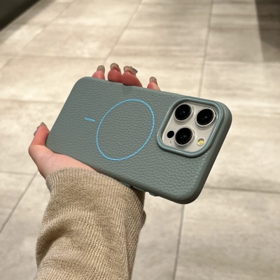 ins高级荔枝纹适用iPhone16pro手机壳波涛蓝16ProMax苹果14磁吸1211防指纹13男女14plus情侣简约ip15po防摔套