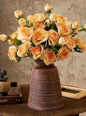 仿真花焦边假花玫瑰复古高档摆件家居客厅餐桌花束干花摆设油画