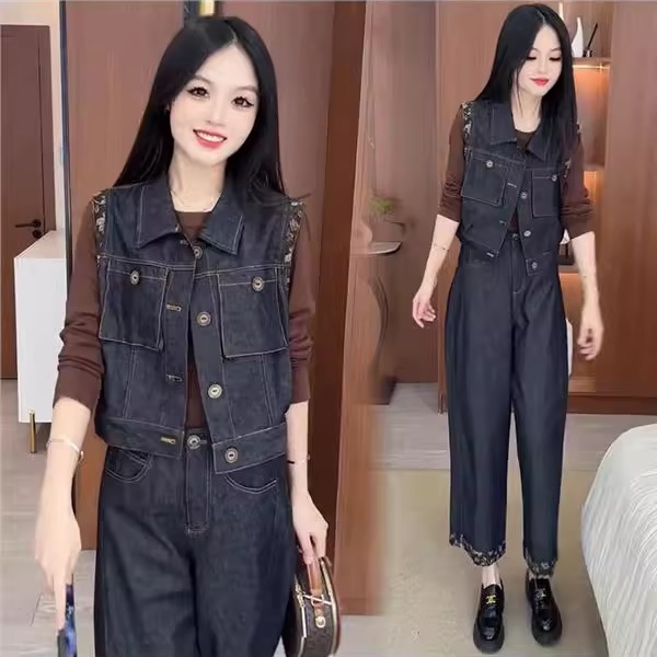复古牛仔套装女2025秋季新款气质减龄牛仔马甲打底衫阔腿裤三件套