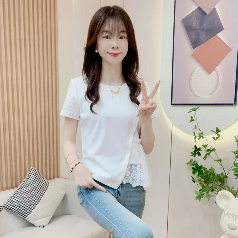 时尚短袖T恤女2025夏季新款时髦洋气设计感蕾丝拼接不规则上衣