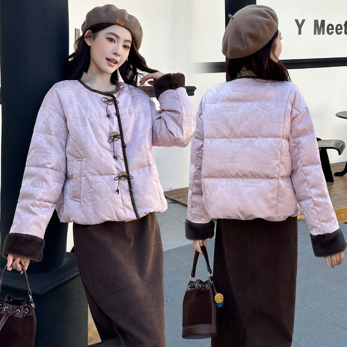 气质新中式国风圆领棉衣外套女