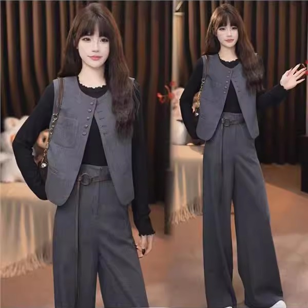 时尚西装套装女2025秋季新款无袖马甲打底衫阔腿裤气质显瘦三件套
