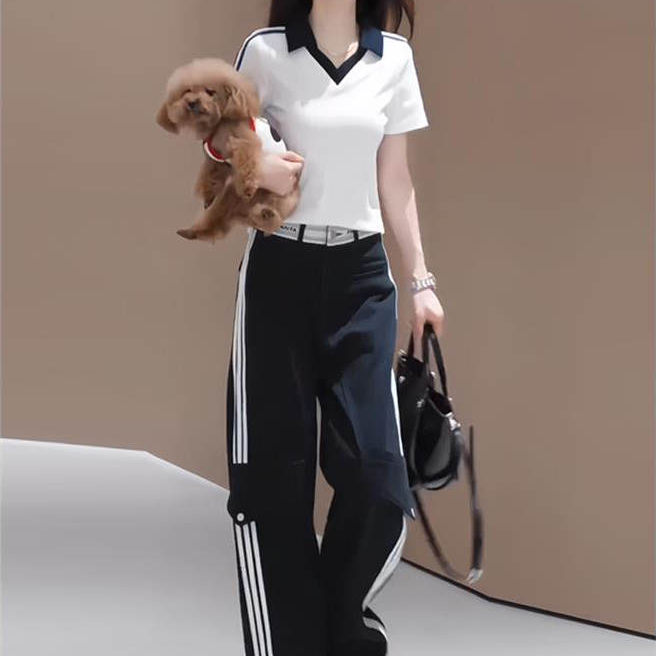 时尚休闲运动套装女2025夏季新款韩版气质衬衫领短袖阔腿裤两件套