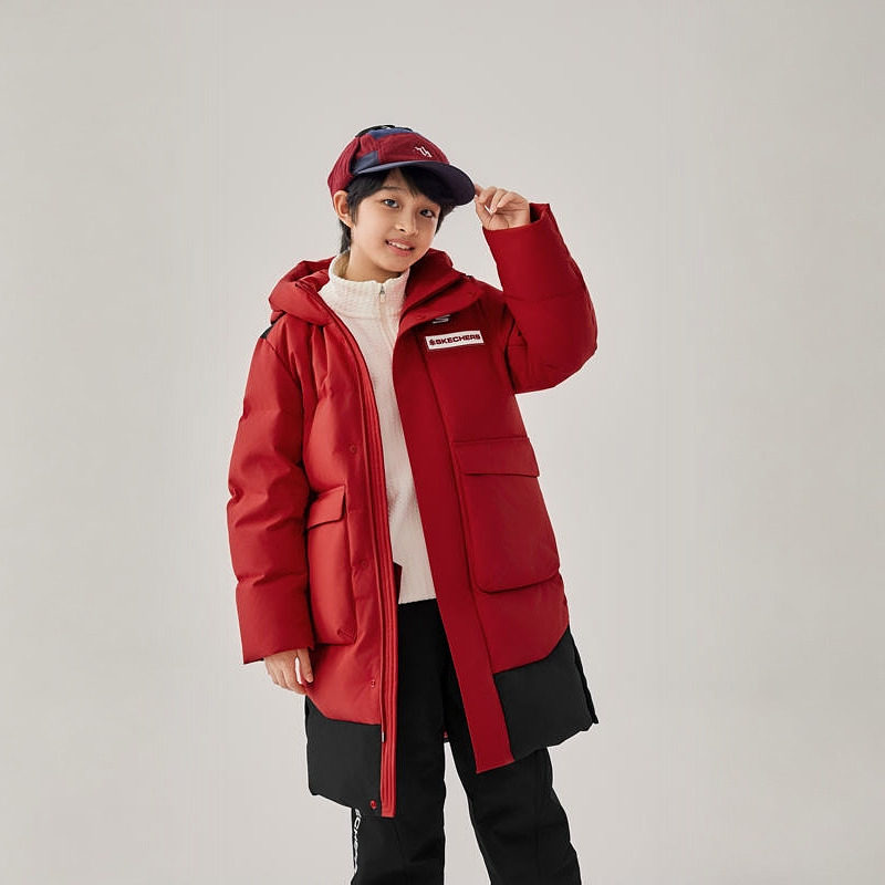 Skechers斯凯奇儿童秋冬锁温保暖防水长款连帽羽绒服外套P425K034
