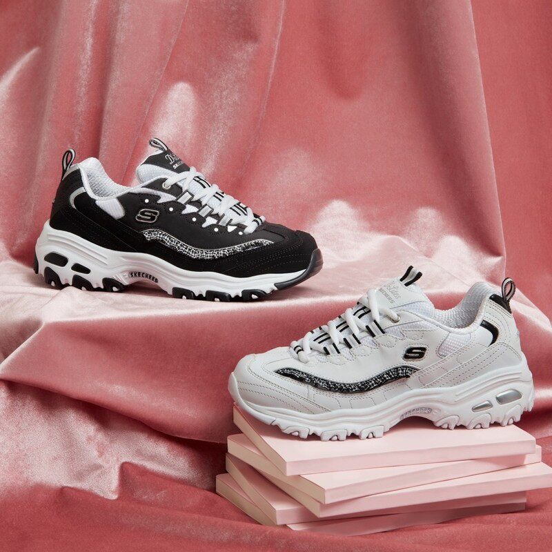Skechers斯凯奇新款女鞋时尚运动熊猫鞋格纹荷叶边老爹鞋13090