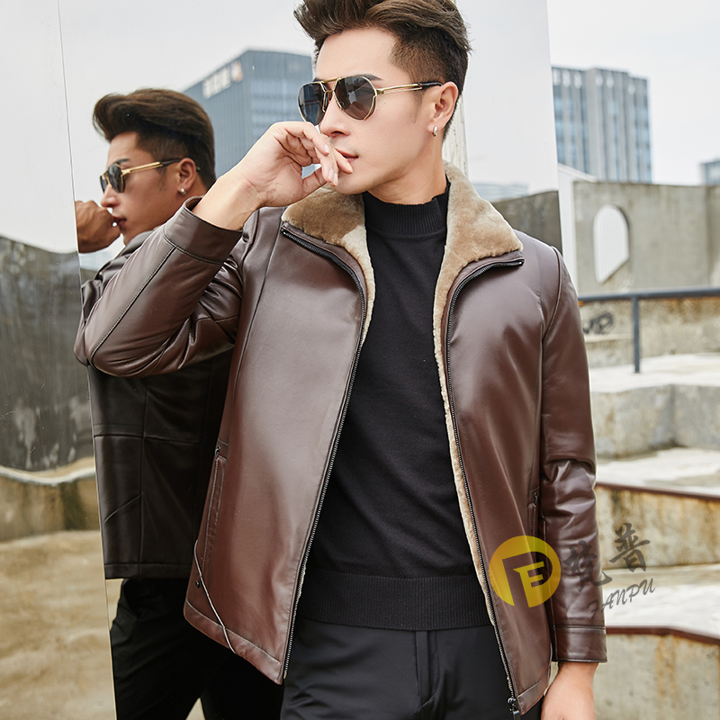 Fur one mens leather leather coat wool liner sheep skin Lapel short fit middle-aged leather jacket thick coat